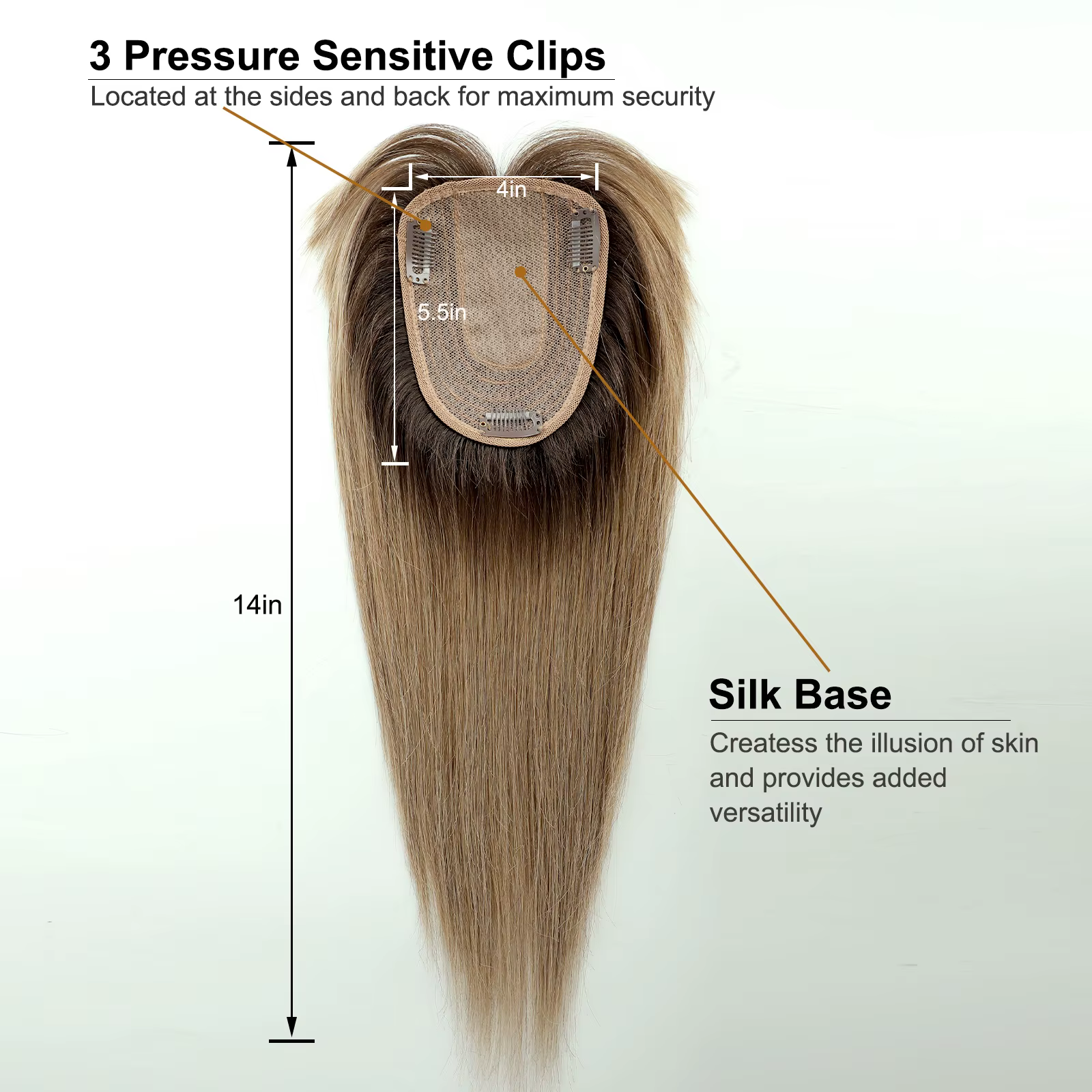 100% Remy cheveux humains Toppers avec frange 14 pouces brun ombré pièces de cheveux humains pour le