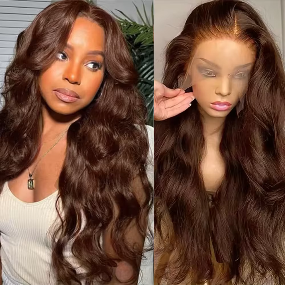 Vague de corps brun chocolat 13x6 HD dentelle avant perruques de cheveux humains 200 densité HD dent