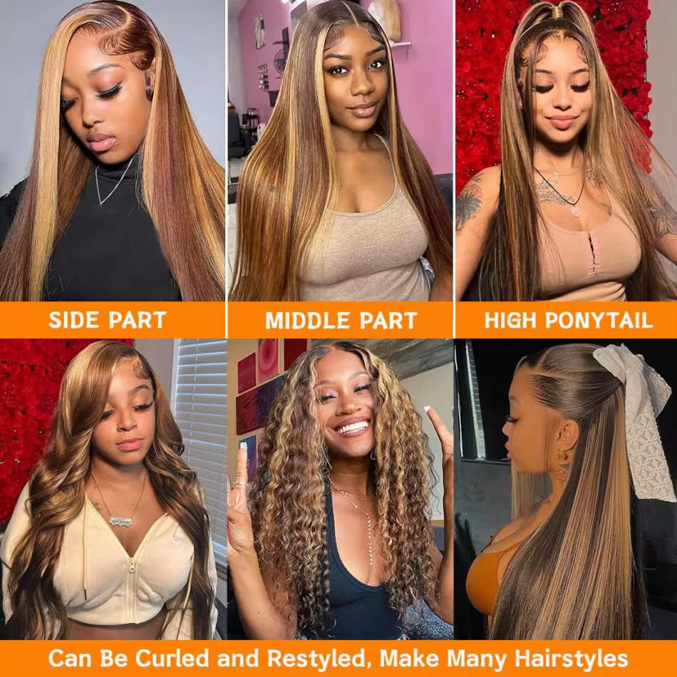 Perruque à mèches de cheveux humains 13X6 avec dentelle frontale HD, perruque droite en cheveux huma
