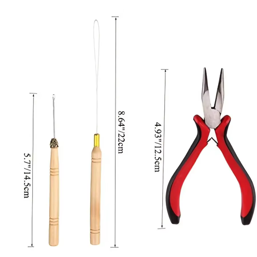 Kit d'extensions de cheveux, enfileur, crochet de traction, pinces et 100 anneaux en silicone, un en
