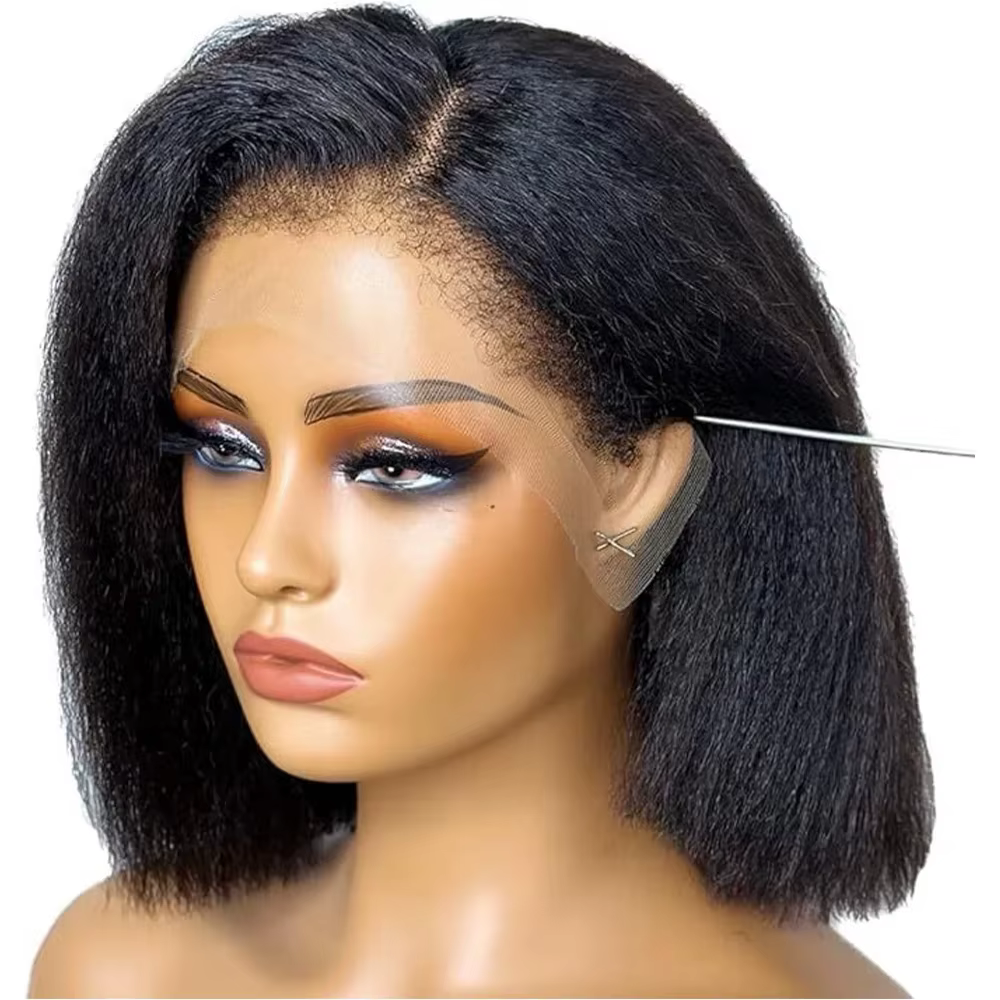 Perruque Bob Lace Front sans colle, cheveux humains brésiliens Remy, texture Kinky Straight, couleur