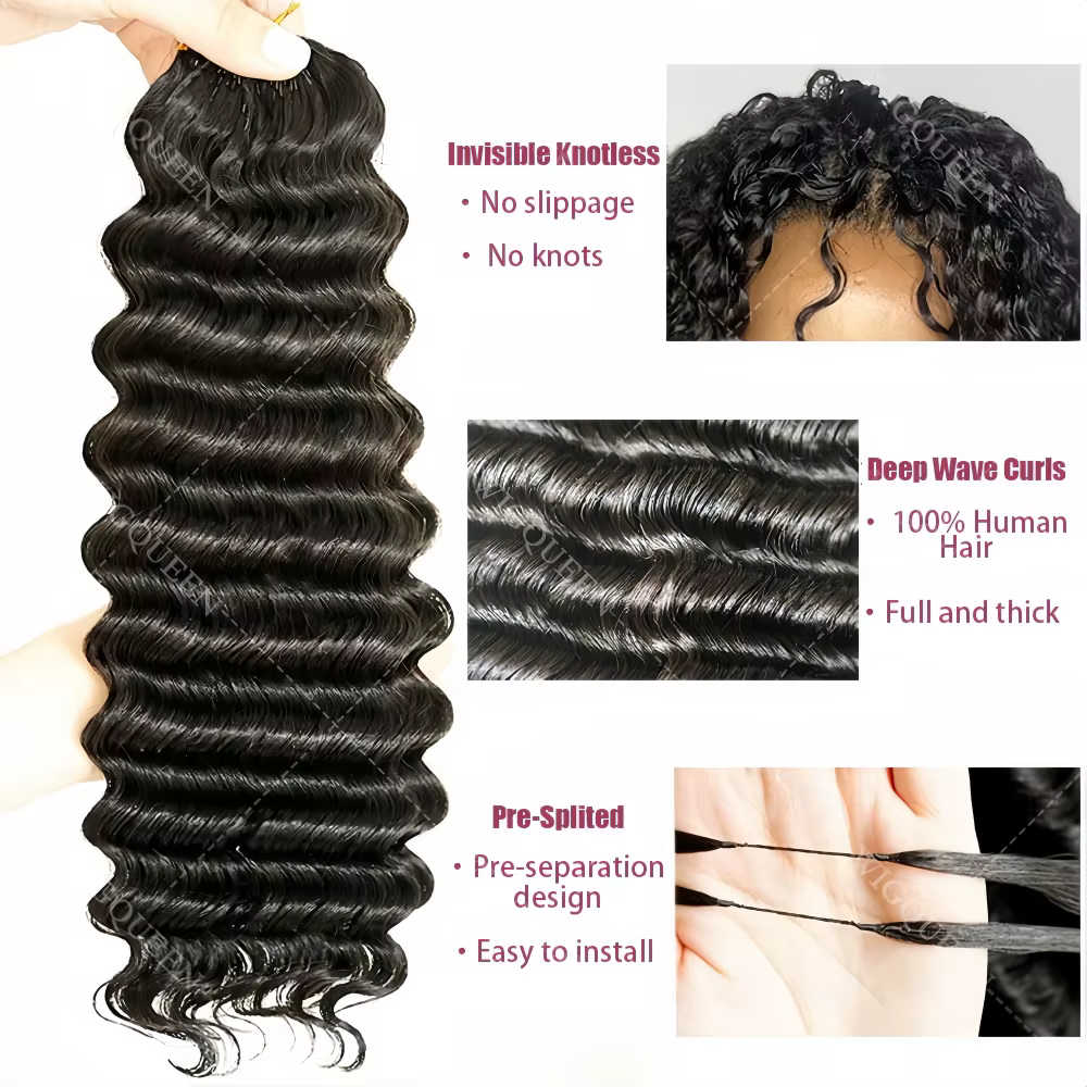 Extensions de cheveux humains au crochet 12A Water Wave, à fil invisible, Deep Wave, effet plume, po