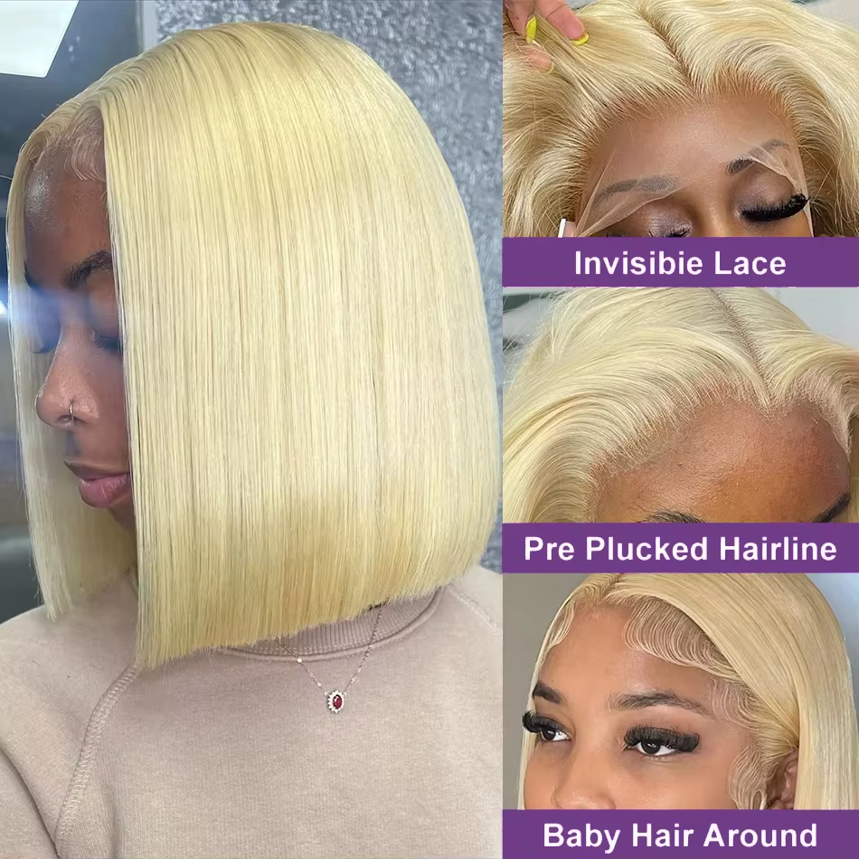 Perruques Courtes Bob Blond Miel 613 avec Dentelle Frontale 13x6, 100% Cheveux Humains, Fermeture Dr