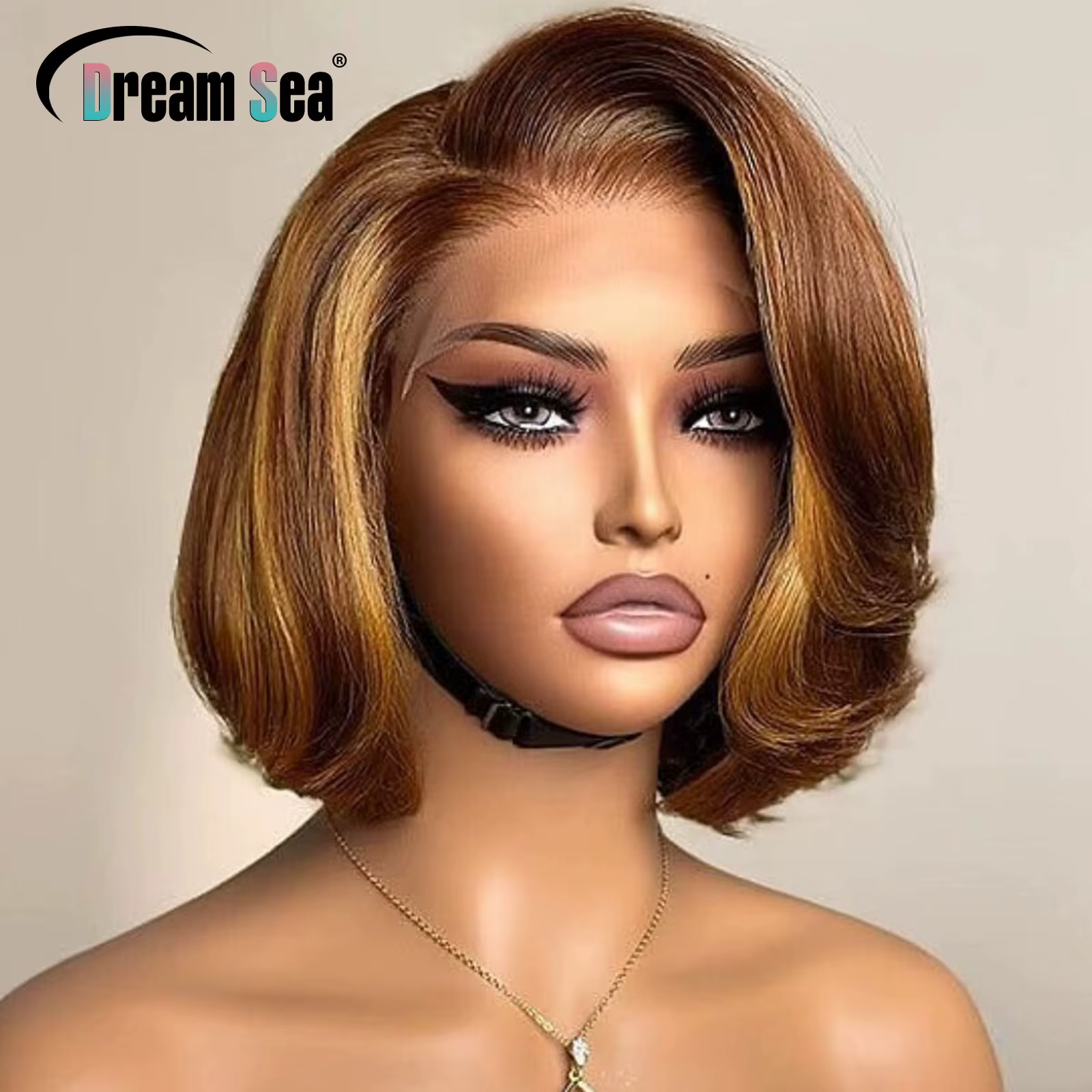 Perruque Bob Lace Frontal Wig brésilienne Remy, cheveux courts à reflets blonds, densité 200, partie