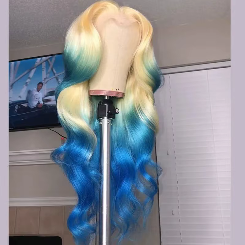 Perruque Lace Frontal Wig synthétique Body Wave à reflets bleus, blond ombré, 13x4 HD, haute qualité