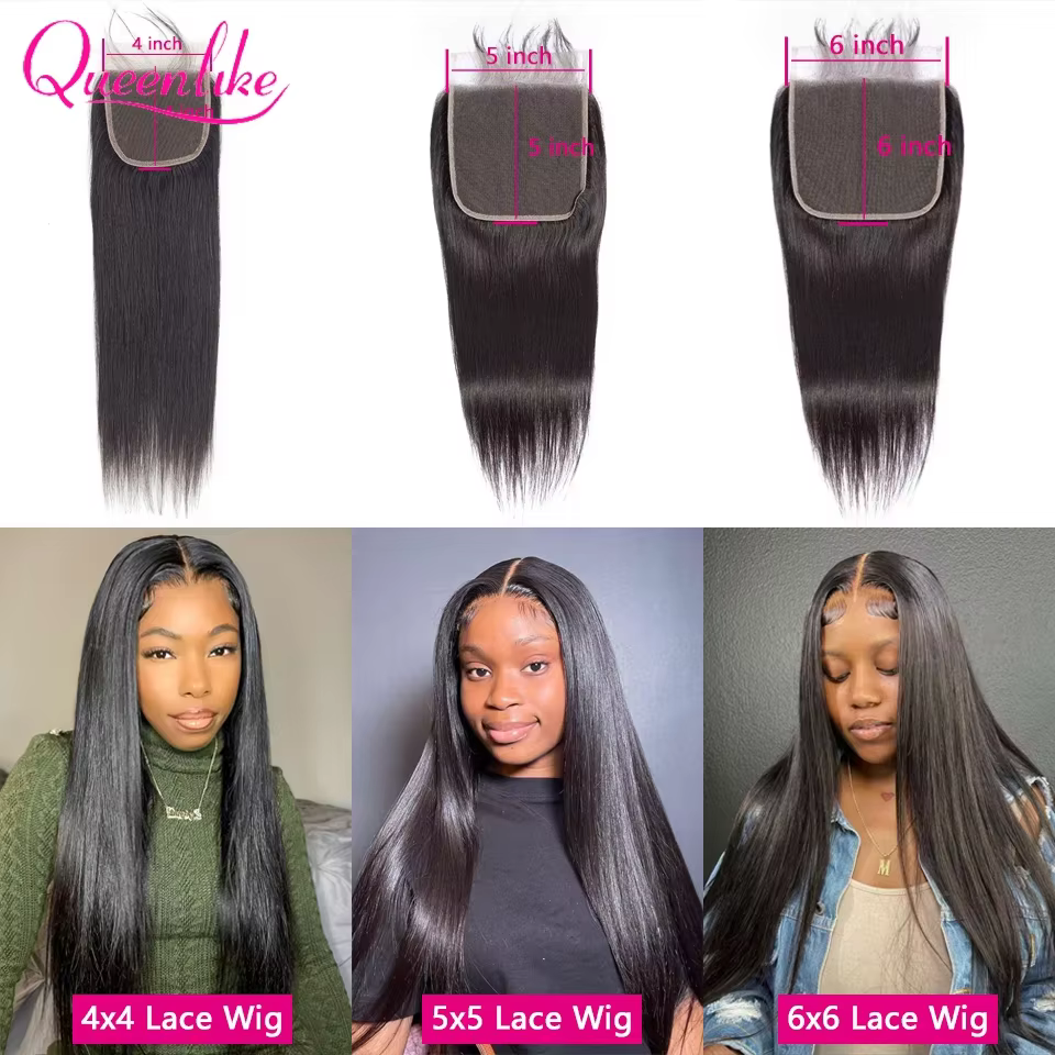 Extensions de cheveux humains lisses Queenlike 12A avec closure 4x4 5x5 6x6 13x4 en dentelle, 3 mèch