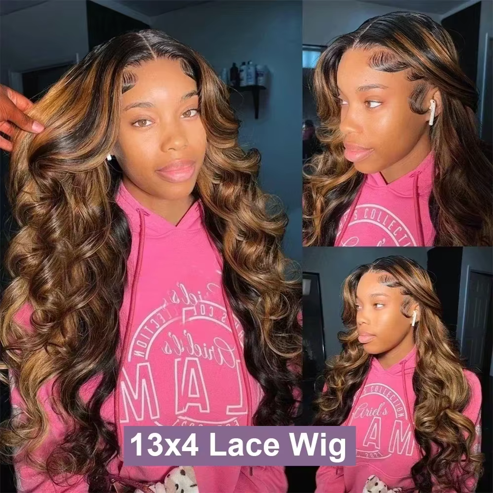 Perruques Body Wave P4/27 à 220 % de densité, avec mèches colorées, en dentelle transparente HD 13x4
