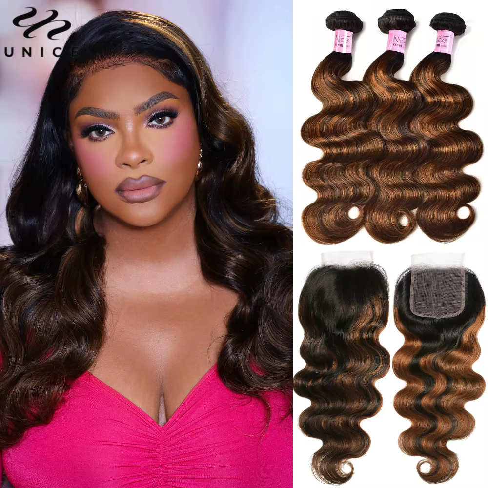 UNICE Hair-Mèches naturelles Body Wave, cheveux bruns, balayage, avec closure, partie libre, lace cl