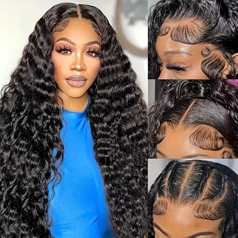 Perruque Lace Frontal Wig brésilienne naturelle, cheveux humains, Deep Wave, Transparent, 40 46 pouc