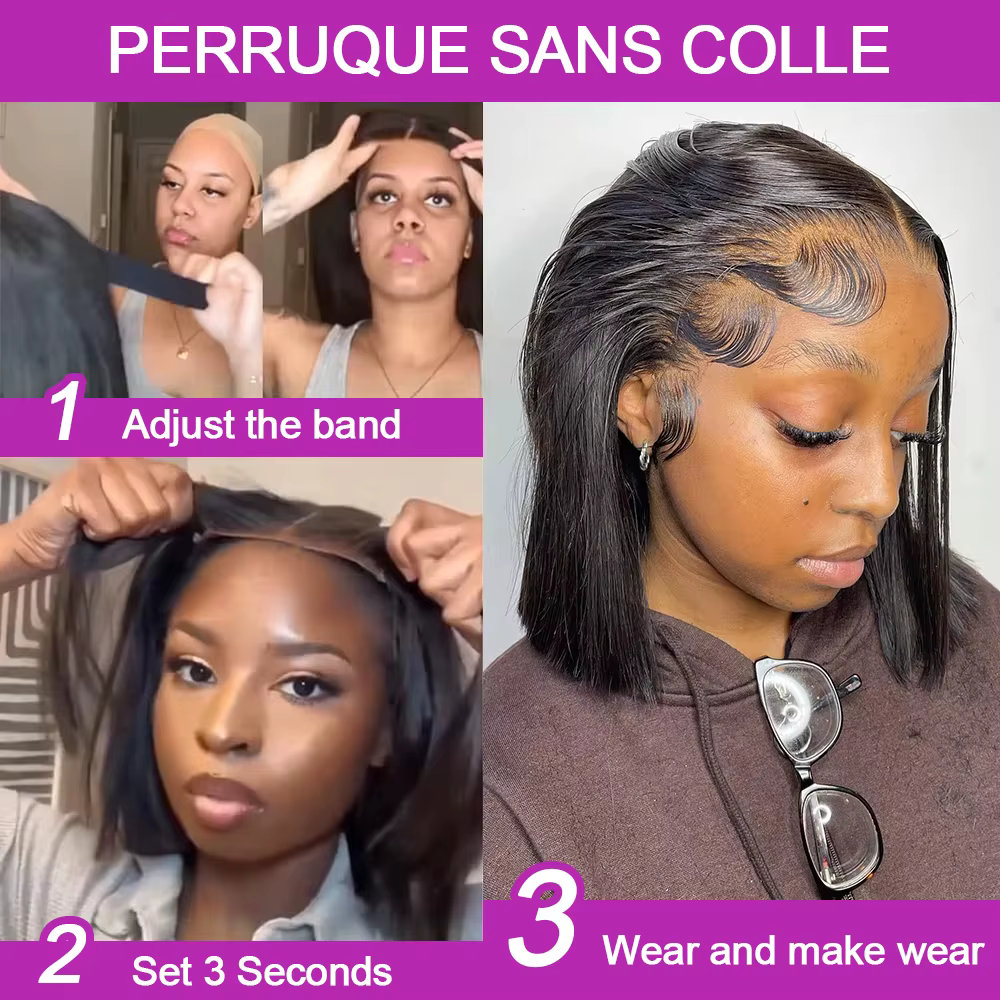 Perruques Bob de cheveux humains brésiliens sans colle HD perruque avant en dentelle sans colle os c