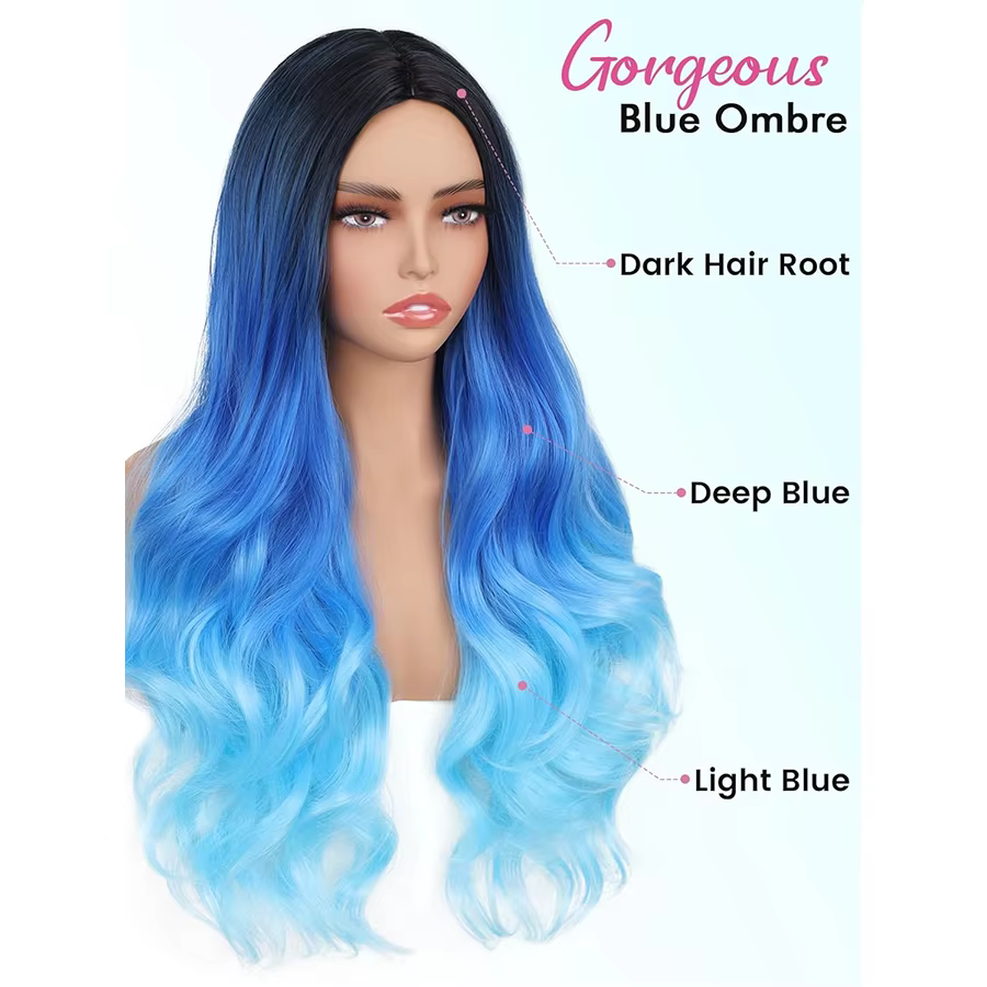 Perruques ondulées bleues de 26 pouces pour femmes, perruque synthétique longue bouclée ondulée avec