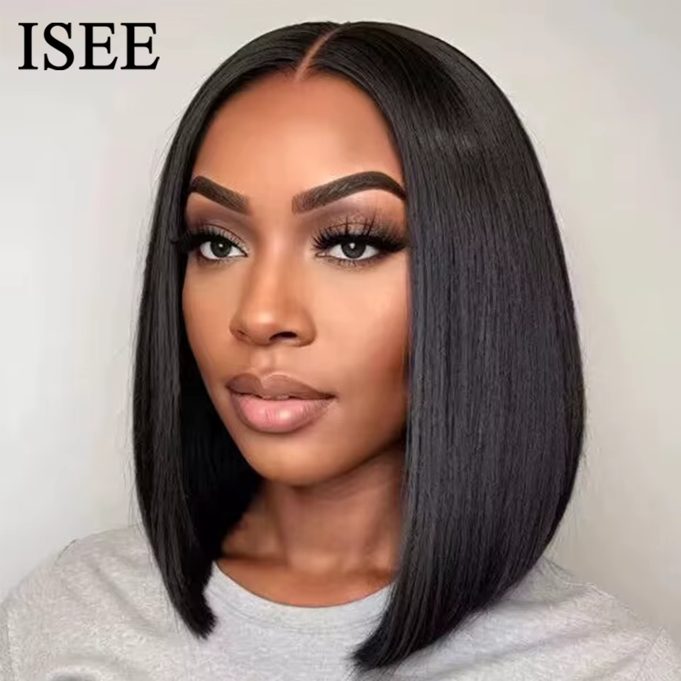 ISEE cheveux pré-décornés noeuds porter et aller court Bob cheveux perruque cheveux humains Transpar