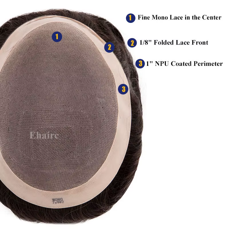 Prothèse capillaire pour hommes Mono perruque pour hommes perruques de cheveux naturels pour hommes