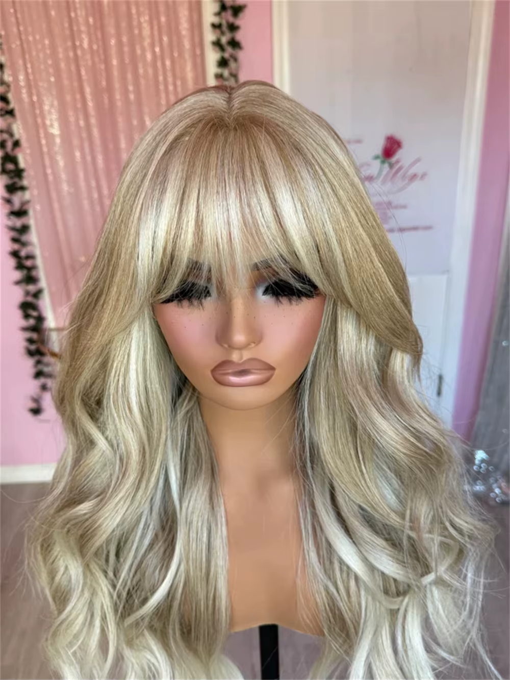 Perruque Lace Front Wig sans colle avec frange, 28 pouces, cheveux humains synthétiques de luxe, fib