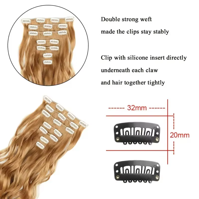 Extensions capillaires synthétiques à clips, 7 pièces, tête complète de 22 pouces, longues, bouclées