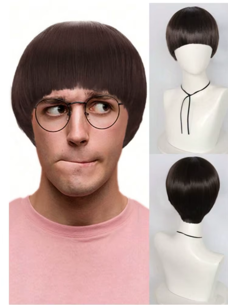 Perruque de cosplay courte brune pour hommes, cheveux synthétiques coupés en coupe bol, perruque rét