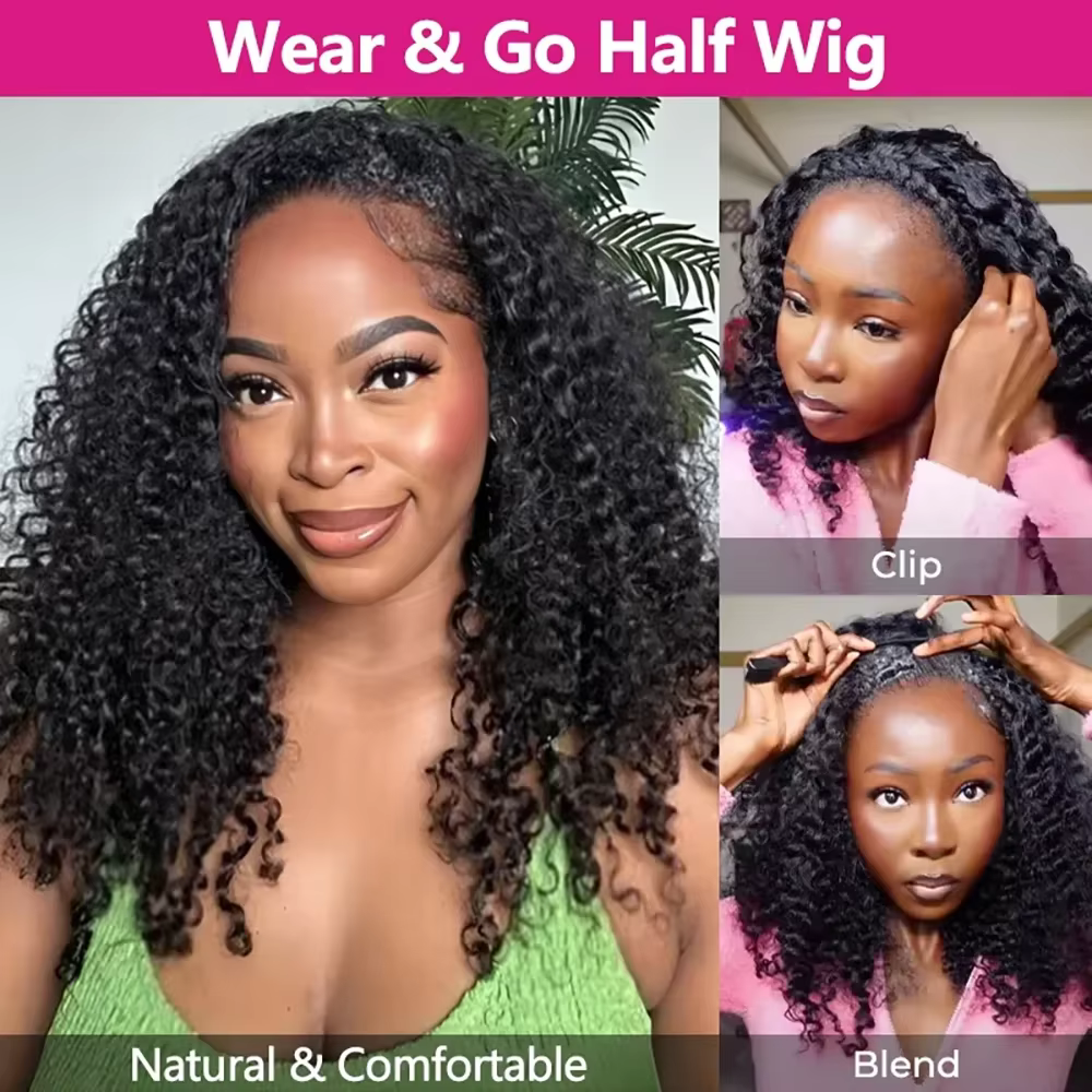 Demi-perruque 3-en-1 en cheveux humains bouclés crépus, densité 200, avec bandeau, améliorée, avec c