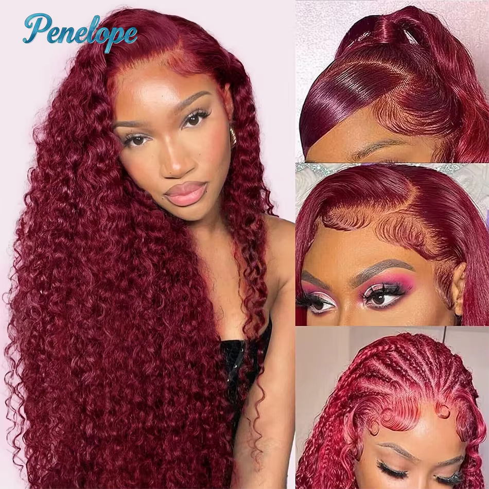Perruque de cheveux humains bouclés brésiliens Deep Wave, densité 220, couleur bordeaux 99J, avec de