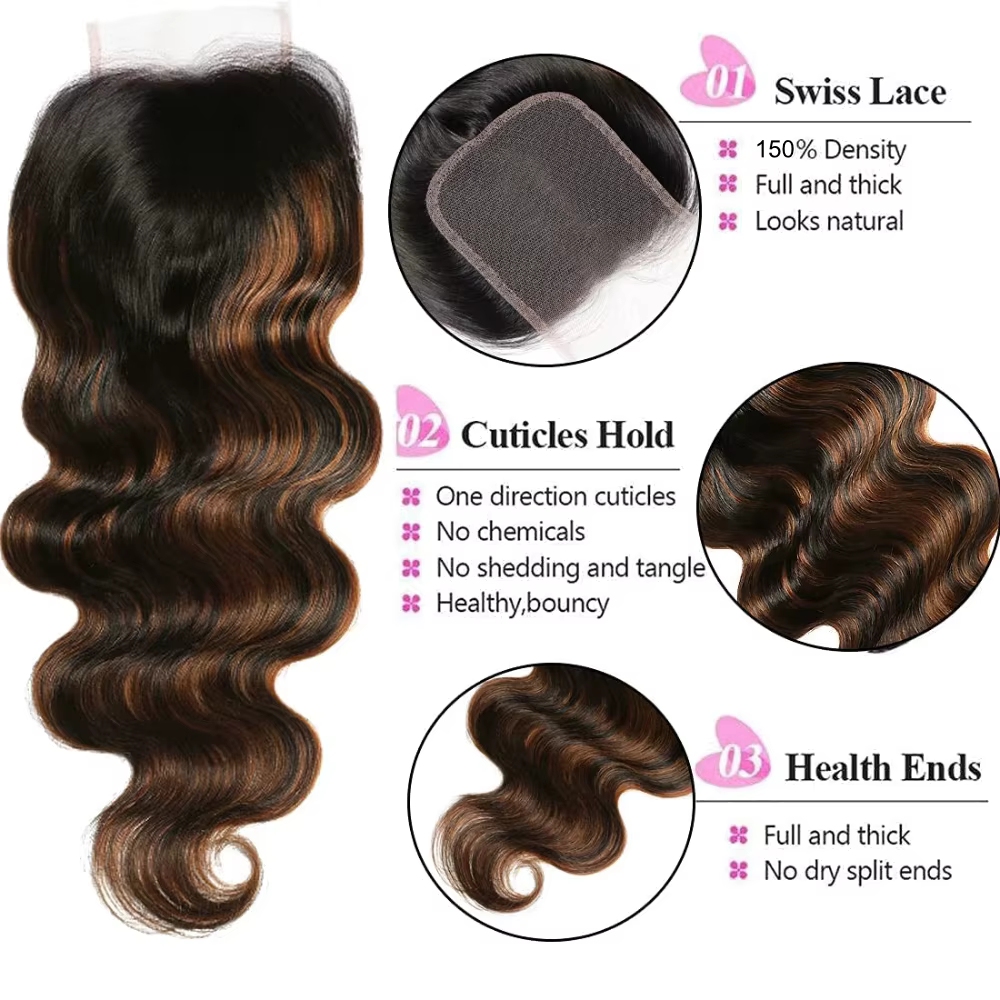 UNice Ombre Brown Highlights Body Wave 4x4 Lace Closure 1PC 100% Cheveux Humains Closure Free Part