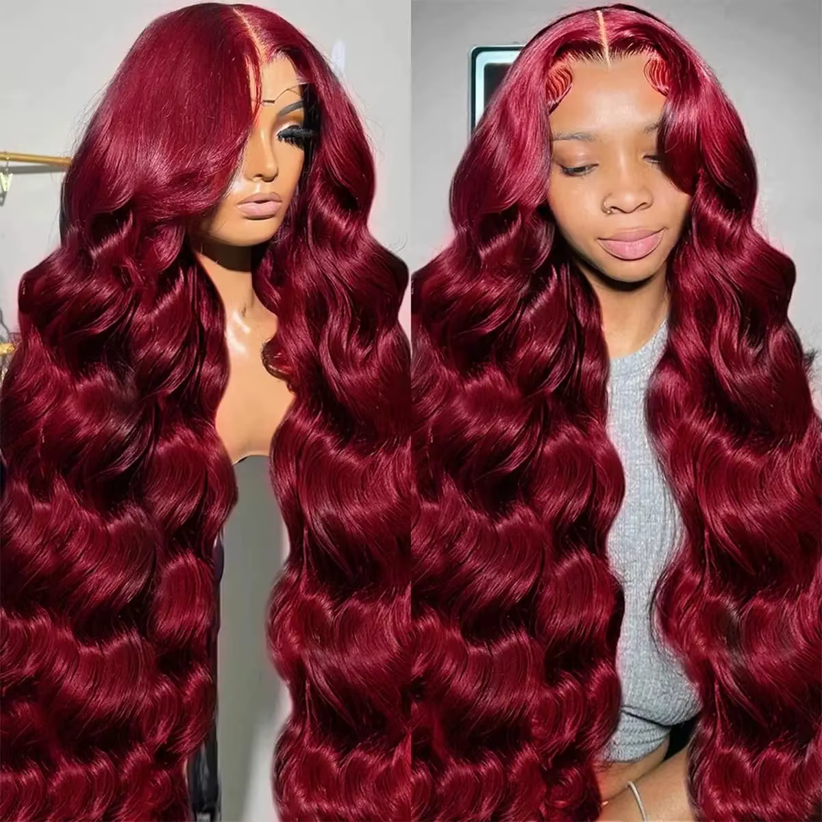 Perruque Lace Front Wig Body Wave Brésilienne Naturelle, Cheveux Humains, Rouge Bordeaux 99J, 13x4, 