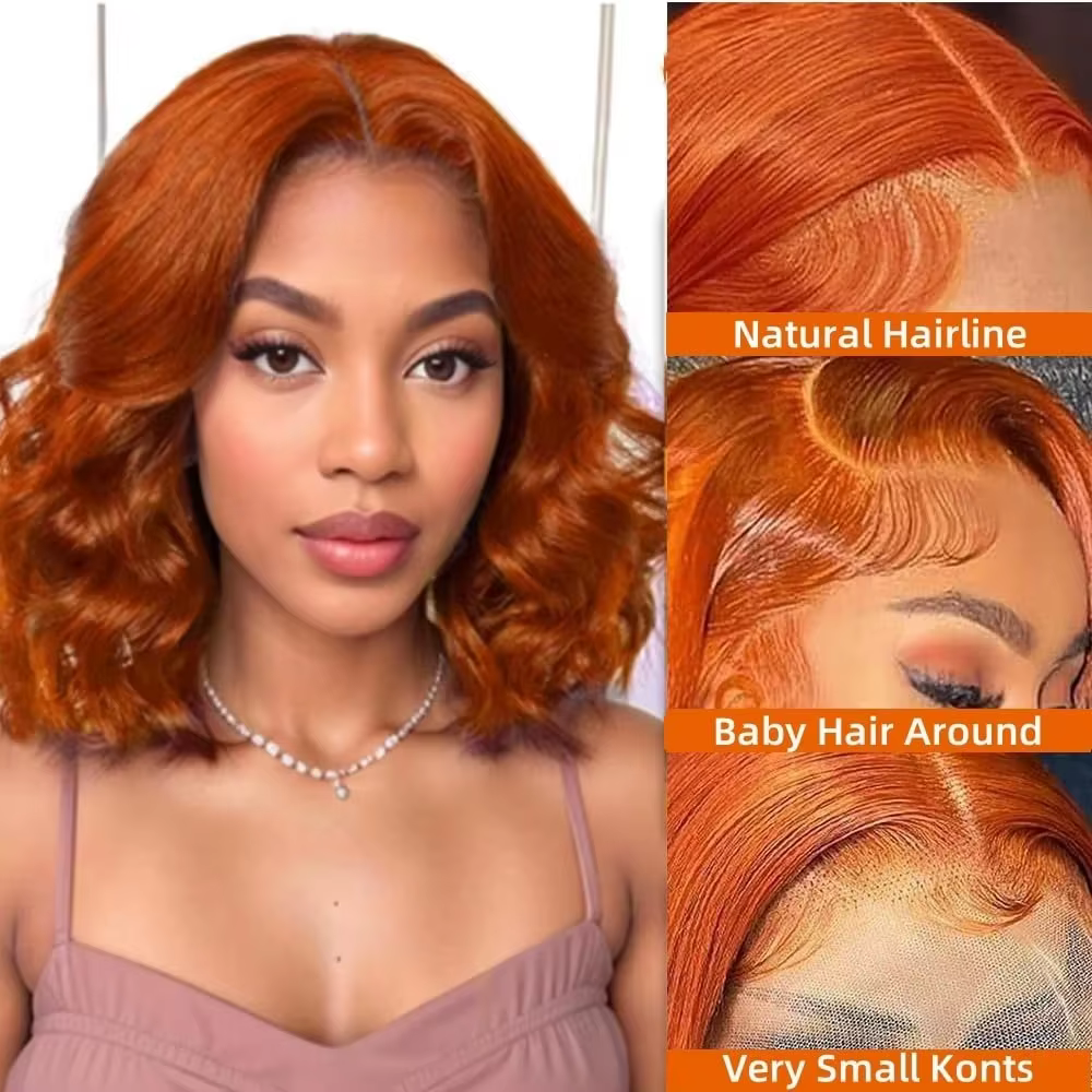 Perruque de gingembre cheveux humains Orange vague de corps Bob perruque sans colle perruque 4x4 Hd 