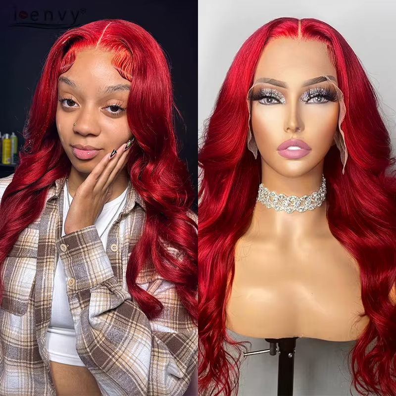 Perruque Lace Front Wig Body Wave Naturelle Bouclée Bordeaux, Cheveux Humains, 13x6 HD, 13tage 99J, 