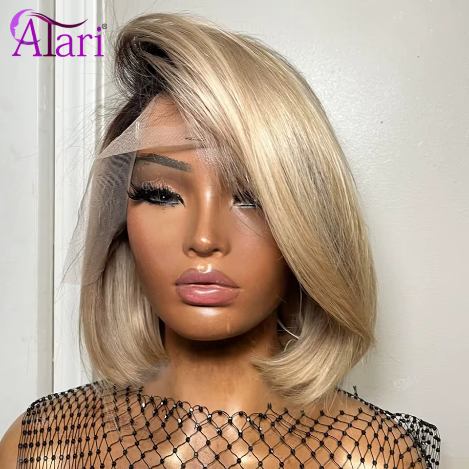 Perruques Bob Courtes en Cheveux Humains Couleur Blond Ombré avec Racines Brunes, Densité 180, Front