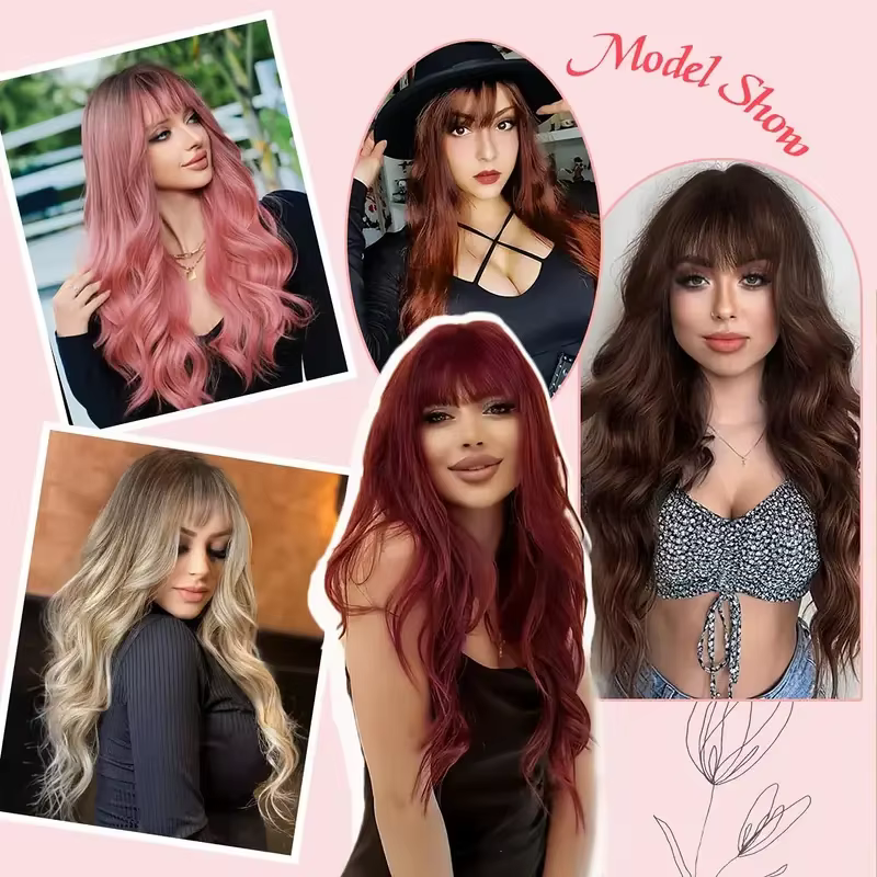 Perruque synthétique couleur vin rouge avec cheveux longs bouclés et frange pour un usage quotidien 