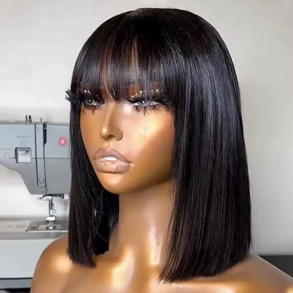 Perruque Bob avec frange, cheveux humains, lisses comme des baguettes, brésiliens, courtes, pour fem