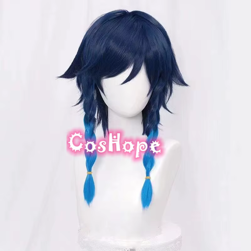 Perruque de cosplay Venti unisexe, courte de 50 cm, pré-tressée, bleue mélangée, perruque synthétiqu