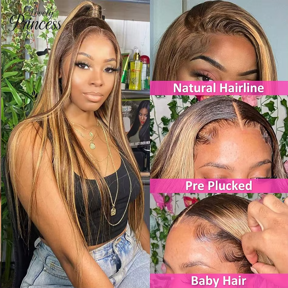 Perruque en cheveux humains lisses avec dentelle frontale 13x4, 30-40 pouces, mèches 4/27, densité 2