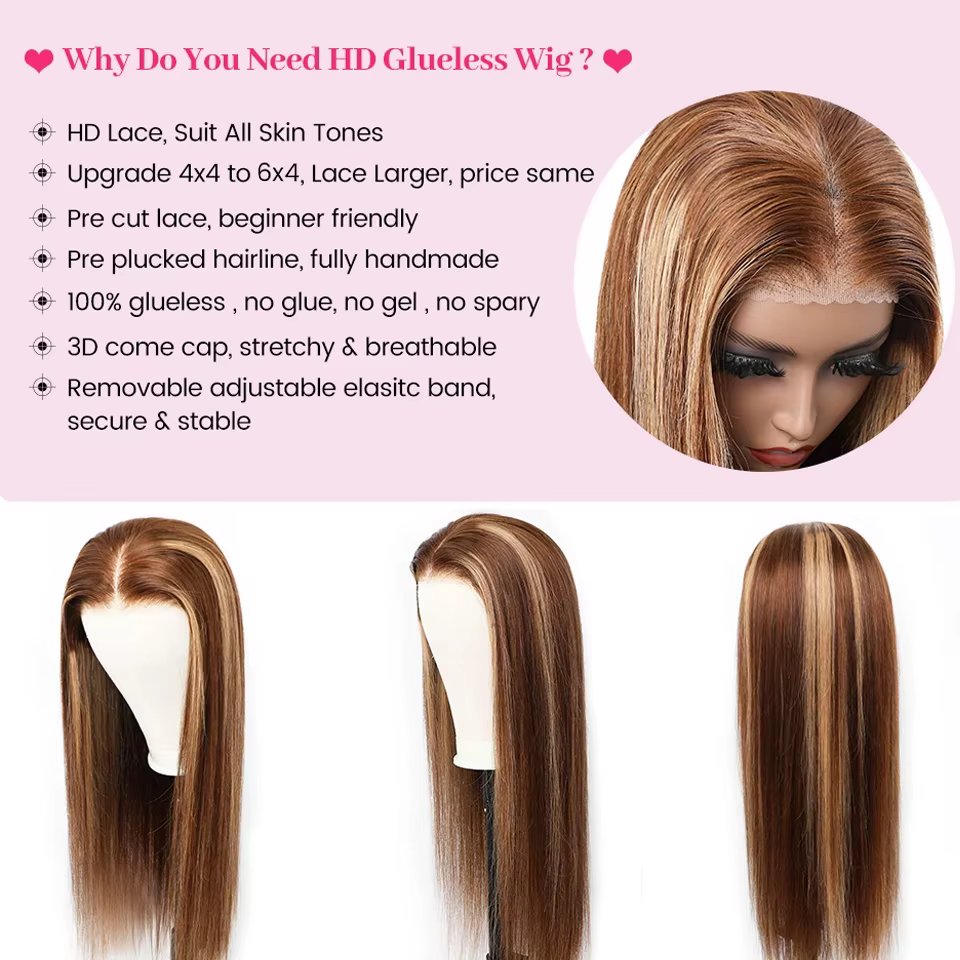 Wear And Go cheveux humains sans colle ISEE perruque brésilienne droite à reflets 6x4 HD dentelle sa