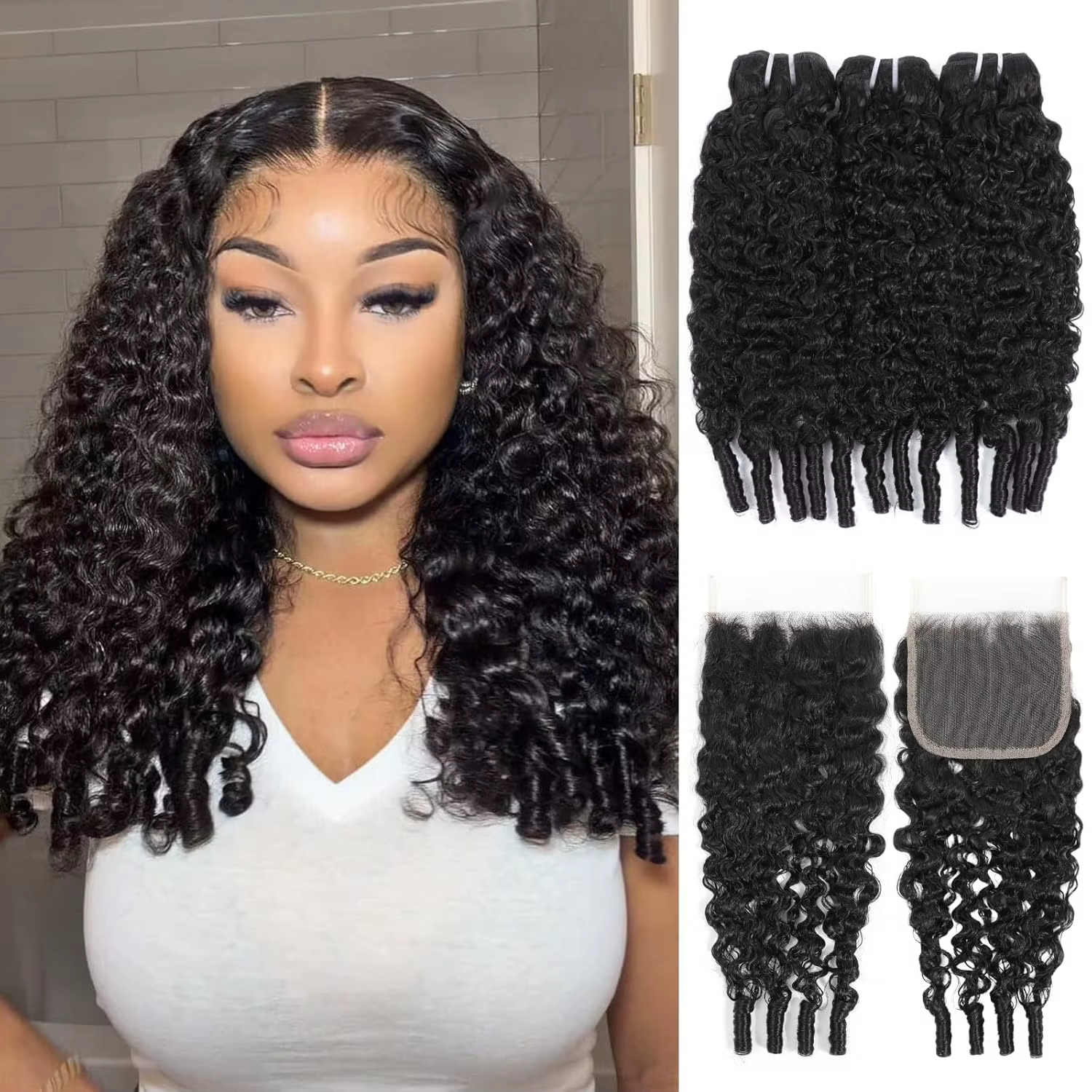Extensions de cheveux humains bouclés birmans avec closure 4x4HD en dentelle transparente et frontal
