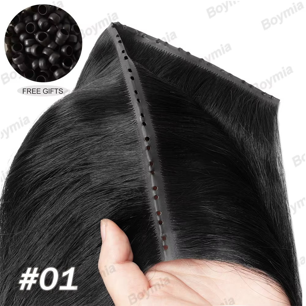 Extensions de cheveux naturels Butterfly Weft, invisibles, en PU plat avec trous, double languette,