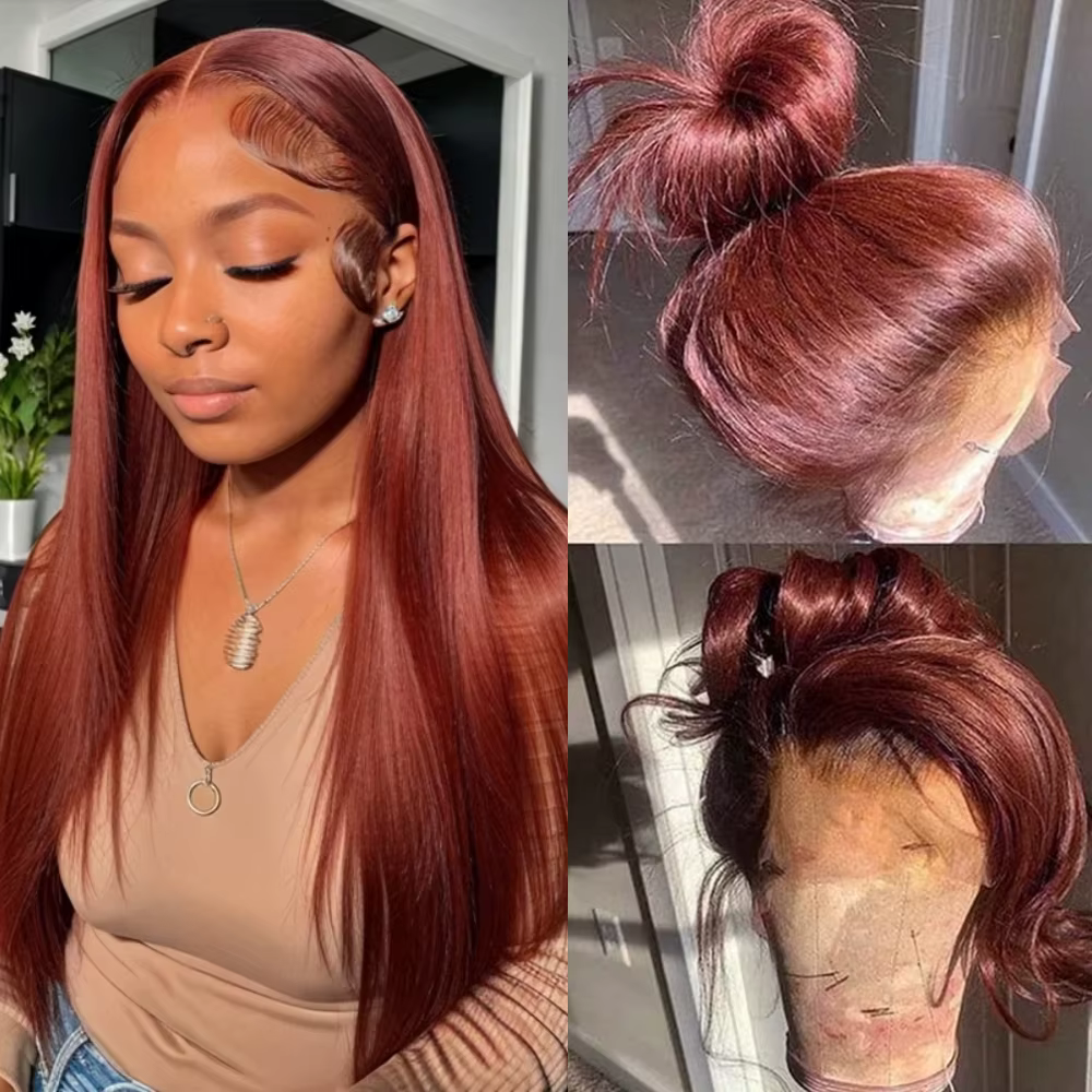Perruque Lace Frontal Wig brésilienne naturelle, cheveux lisses, brun rougeâtre, 13x6 Hd, pre-plucke