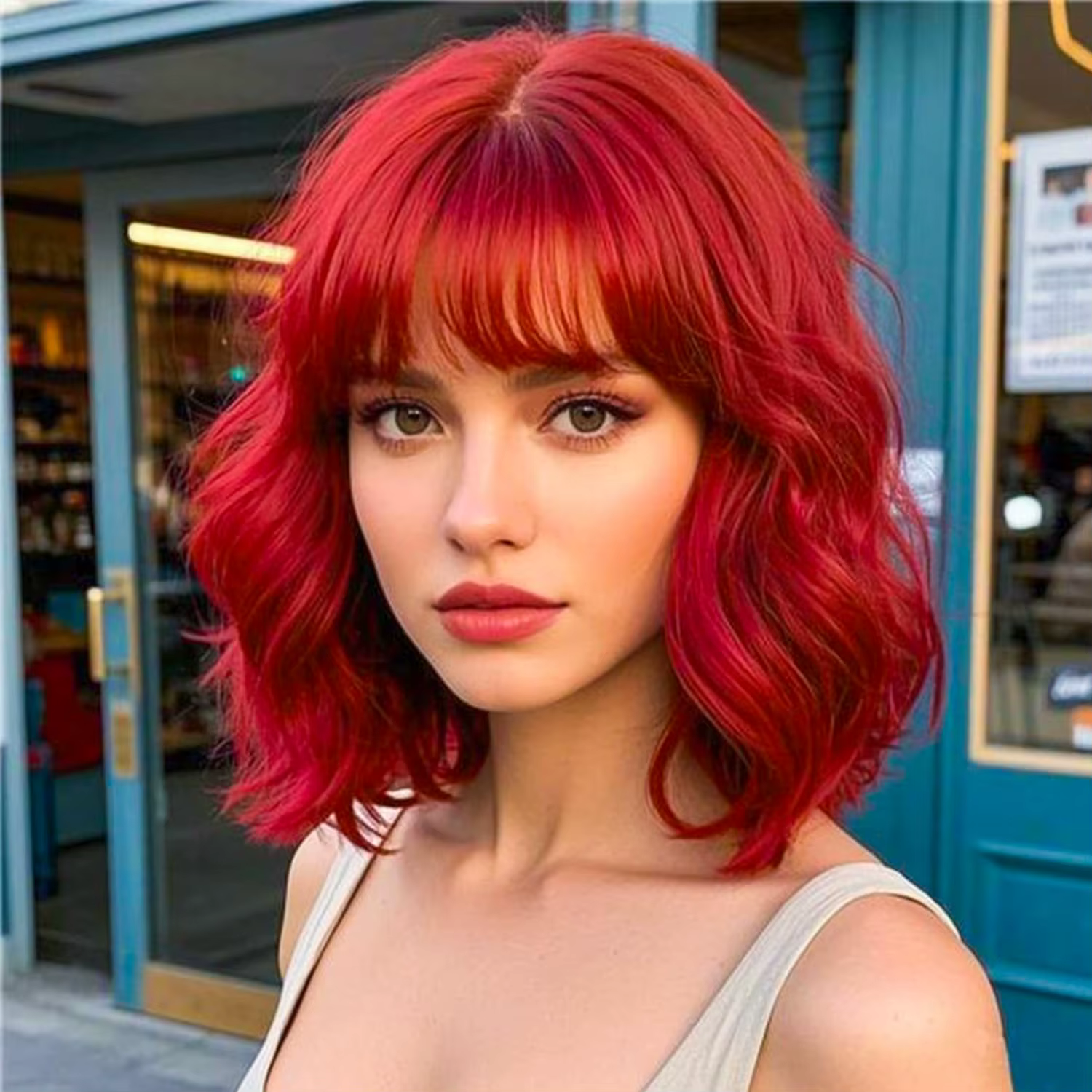 Perruques Bob courtes rouges 14 pouces avec frange pour femmes, perruque colorée synthétique moelleu