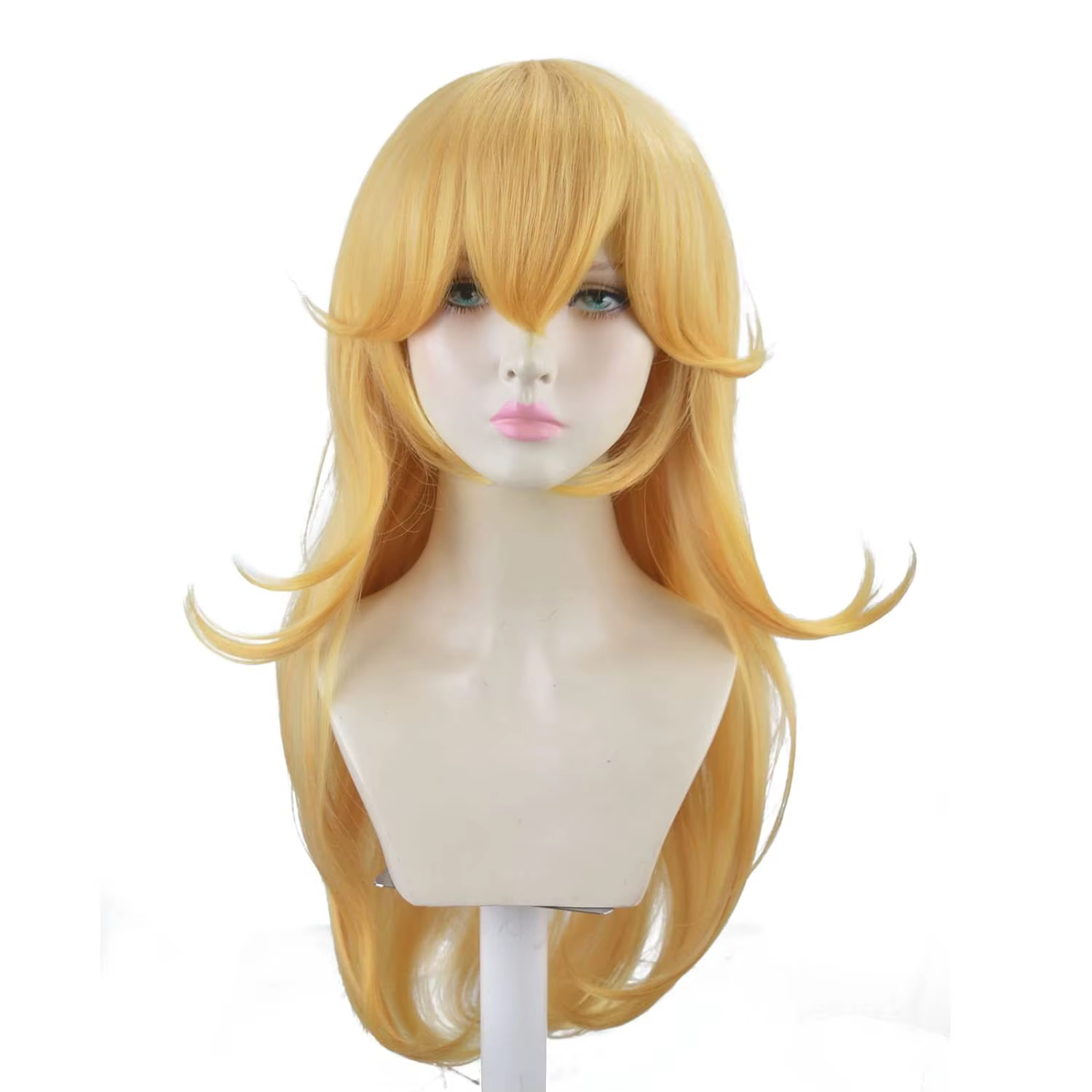 Perruque de princesse dorée avec frange, perruque blonde synthétique de cosplay de film ondulé long