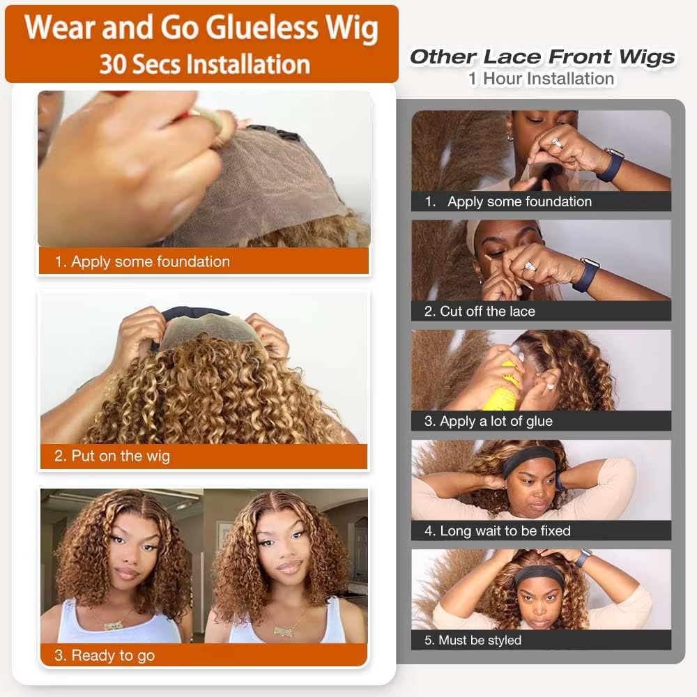 Perruque Bob Lace Front Wig naturelle sans colle, cheveux humains, blond miel, pre-plucked, pré-coup