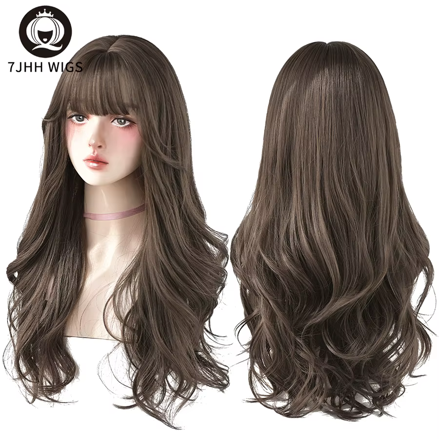 7JHH perruques populaire brun cendré longue vague profonde cheveux Lolita perruques avec frange perr