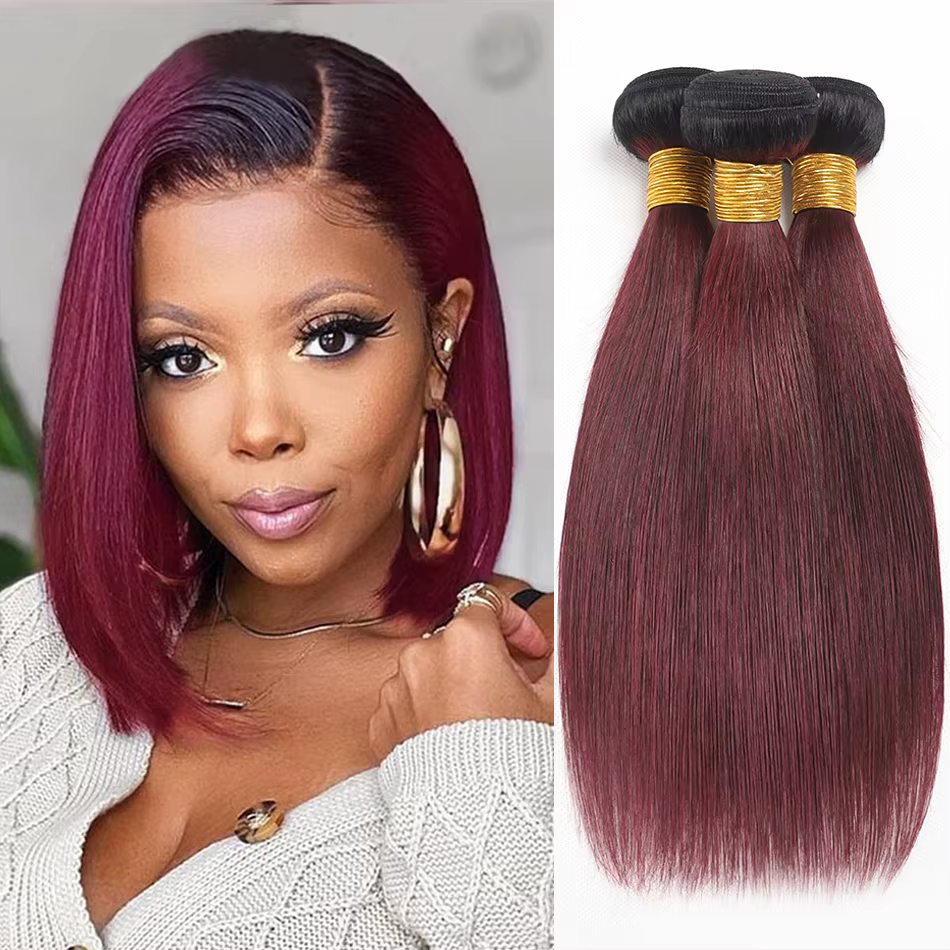 Tissage en lot brésilien naturel lisse ombré bordeaux, Extensions de cheveux non traités, 1 3 4 pièc