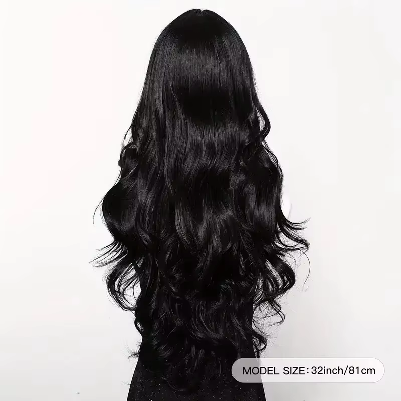 Perruque synthétique noire avec coiffure longue ondulée séparée pour fête, cosplay d'Halloween, usag