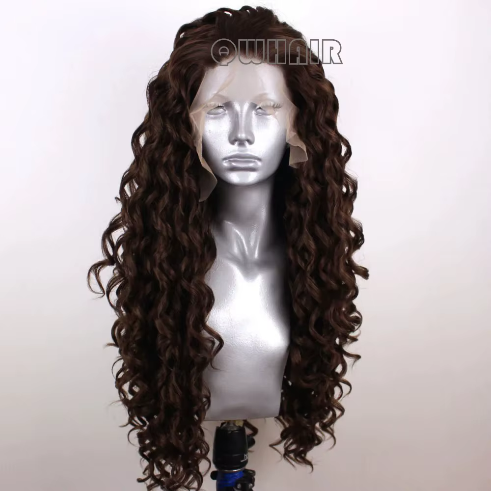 Perruque Lace Front Wig synthétique bouclée et ample, 13x4, brun foncé, longue, densité 180, pour fe