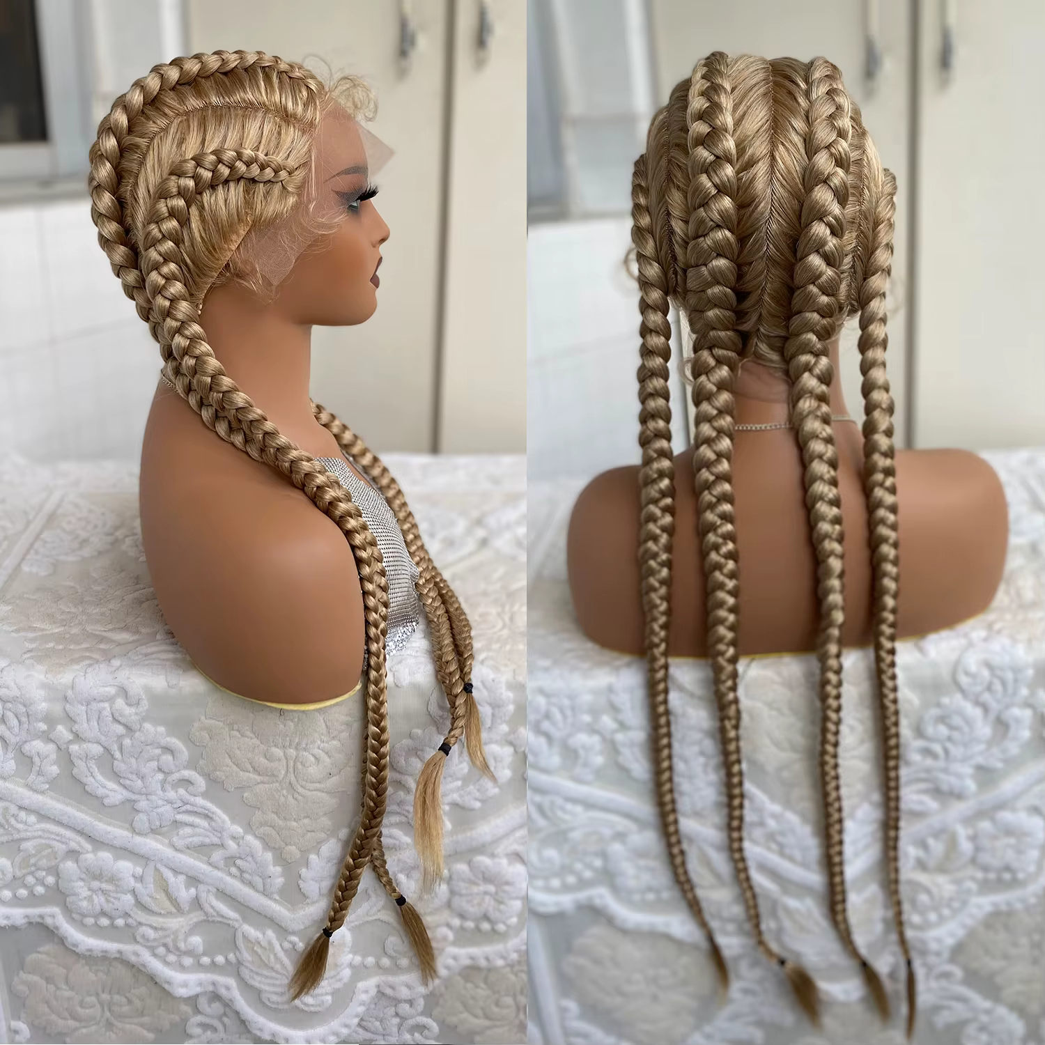 Perruque Lace Front Wig synthétique tressée avec cheveux de bébé, 32 pouces, 4 tresses Cornrow torsa