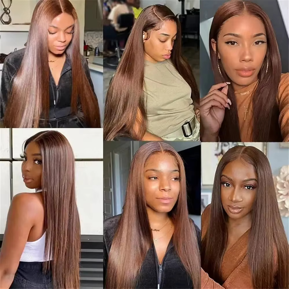 Perruques en cheveux humains lisses couleur chocolat avec dentelle frontale pour femmes, pré-épilées