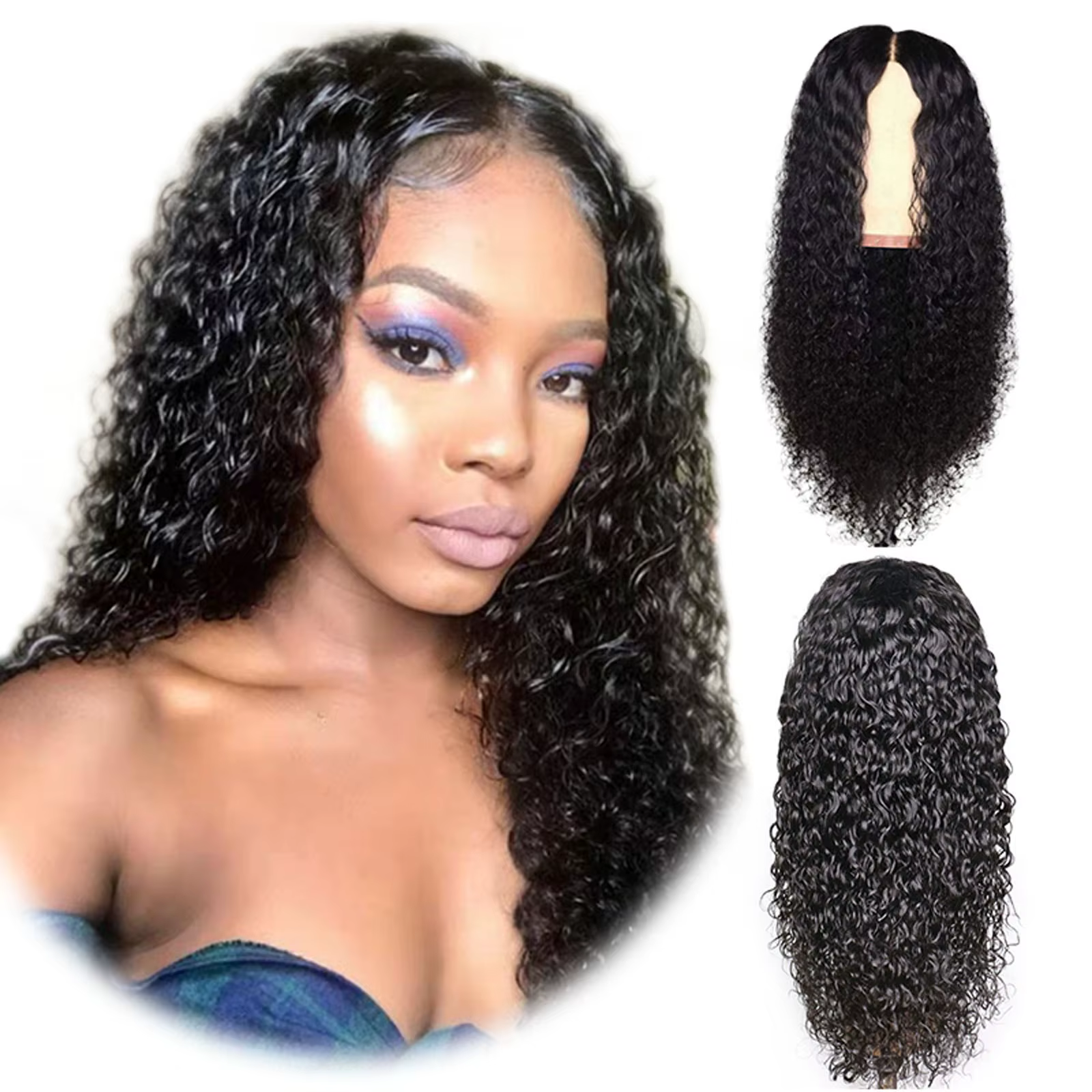 Perruque bouclée femme grande vague noir ondulation d'eau cheveux longs bouclés haute température so