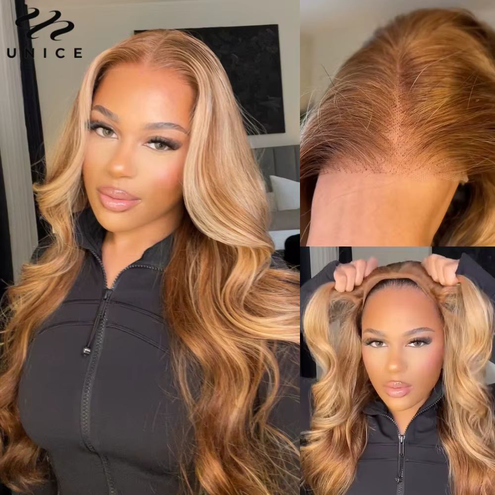 UNice brun avec reflets blonds vague de corps perruque de cheveux humains 7x5 & 13x4 dentelle pré-co