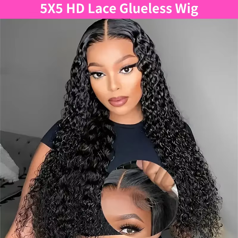 Perruque Lace Front Wig sans colle bouclée 4x4 5x5, couleur naturelle, Deep Wave, pre-coupée, brésil
