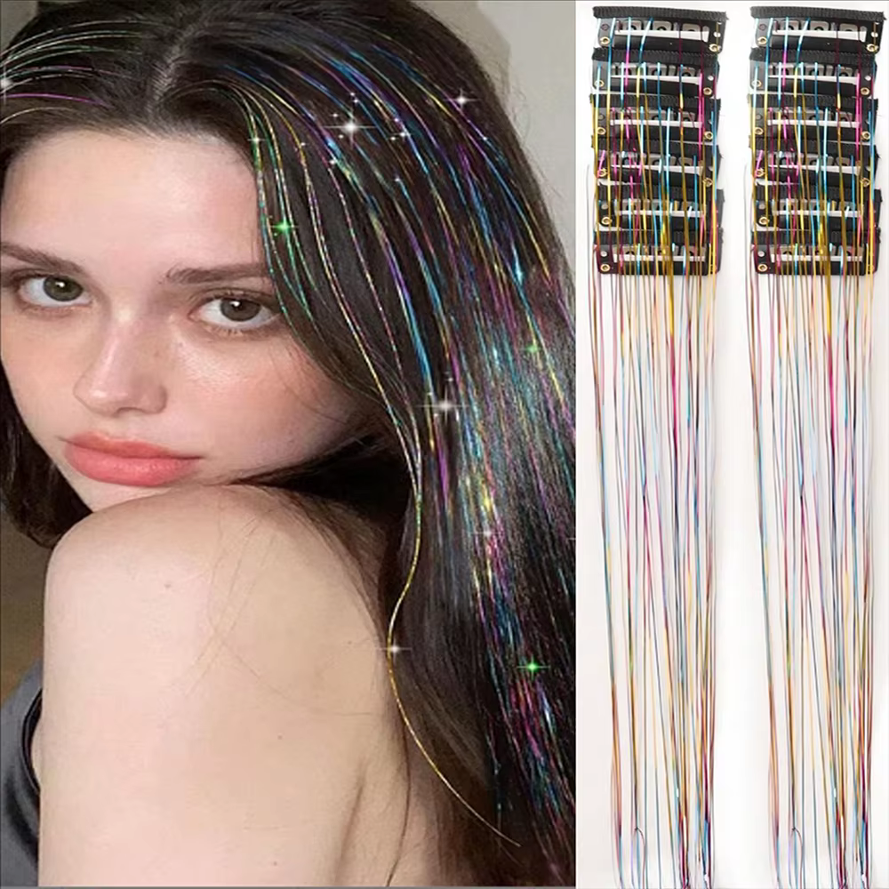 Paquet de 12 guirlandes à cheveux, 20 pouces, Extensions de cheveux à paillettes colorées, guirlande