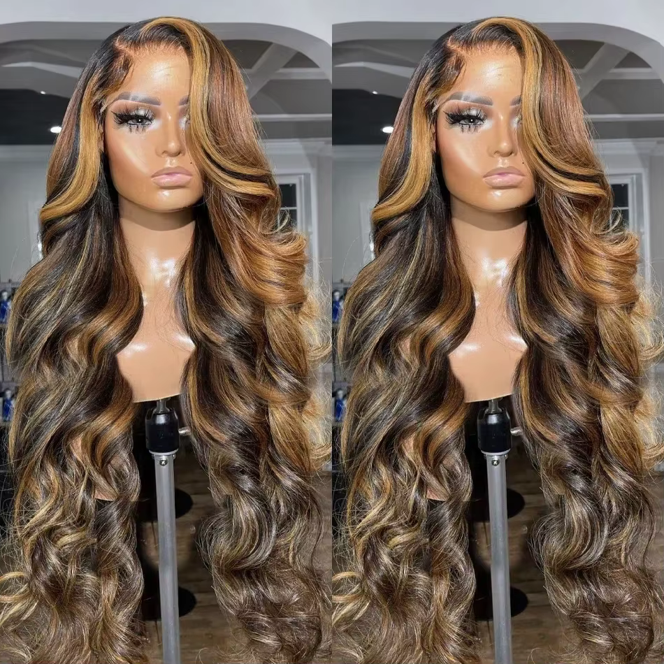 Perruque Lace Front Wig Body Wave Brésilienne Naturelle, Cheveux à Reflets Colorés, 13x4, Densité 20