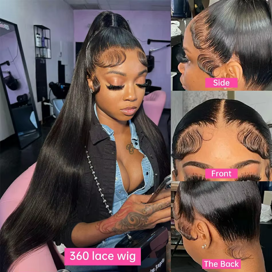 Perruque Lace Front Wig 360 naturelle, cheveux lisses, avec sangle cachée, pre-plucked, 12A, sans co